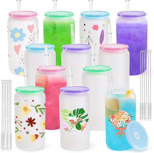 Joyclub 12 Pack Sublimation Blanks Bulk Frosted Glass Cups with Acrylic Lids16 OZ Borosilicate Can Glass Tumblers Wholesale for Beer Juice Soda Iced Coffee DIY Gifts