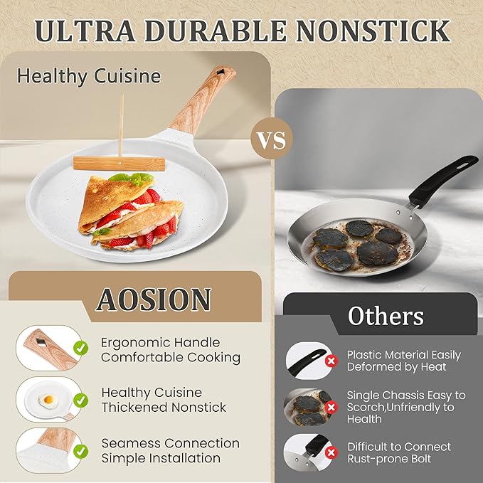 AOSION Nonstick Crepe Pan 9.5 Inch,Cermaic Crepe Pan,Dosa Tawa Pan,Ceramic Coated PFOA-Free, Ergonomic Handle, With Pancake Tools, Forged Aluminum Induction Safe