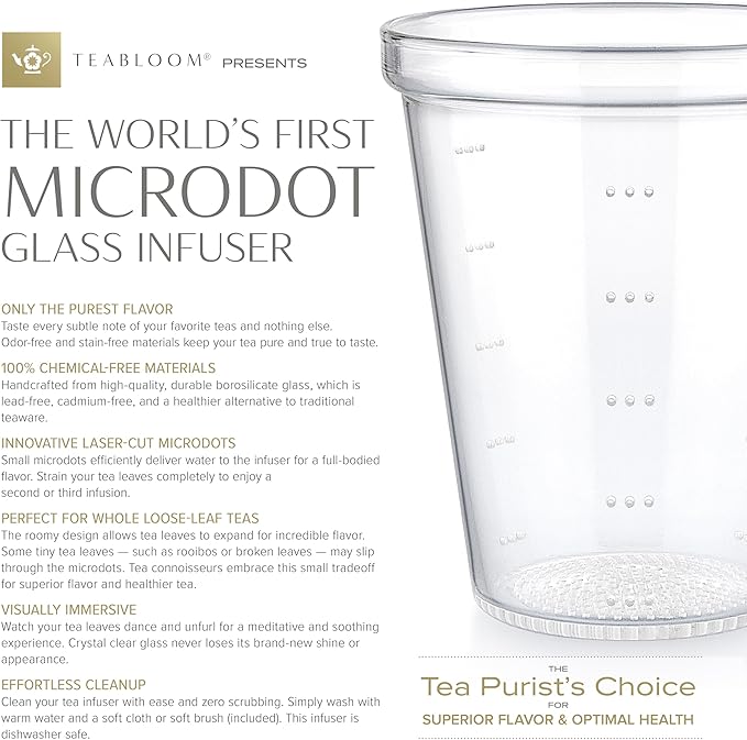 Teabloom Pure Connoisseur Heatproof Glass Teapot With Microdot Glass Infuser For Whole Leaf Teas, 34 Ounces – A Tea Purist's Choice