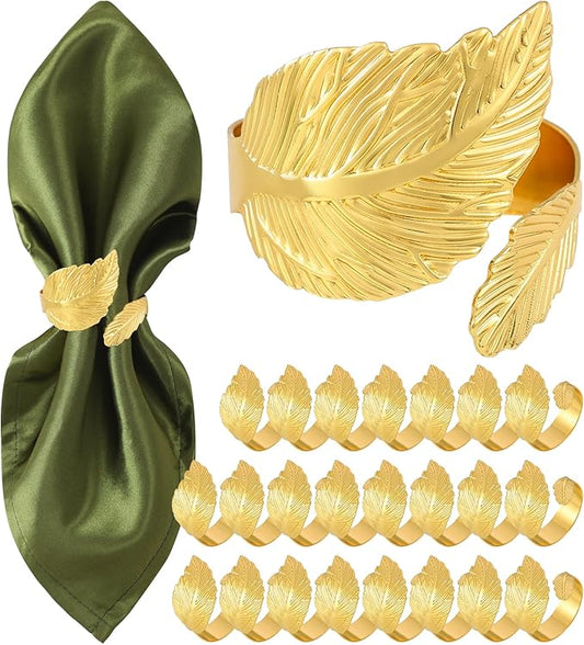 Napkin Rings Set of 24, Shiny Gold Napkin Rings, Smooth, Easy Care, Solid Metal Laurel Leaf Shaped Elegant Table Decor, Stylish Napkin Ring Bulk for Holidays Wedding, Party, New Homes Gift