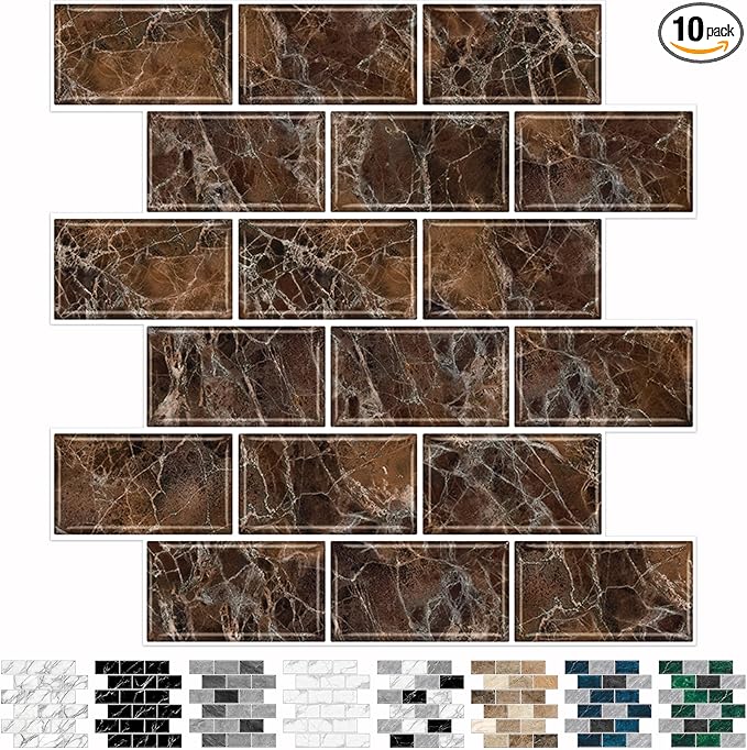 URCOLOR 10-Sheet Peel and Stick backsplash for Kitchen,12"x12" Self Adhesive Wall Tile on Back Splashes for Bathroom Brown Marble