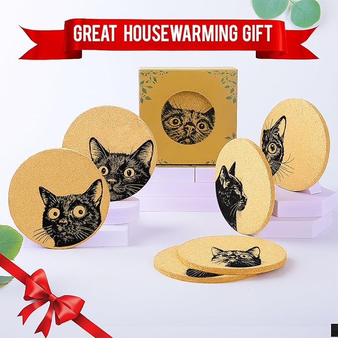 Coasters for Drinks with Holder Set of 6, Curious Cat Cork Coaster Absorbent for Office Desk Cat Table Coasters Kitchen Decor House Warming Gifts for New Home Couples, Round 4"