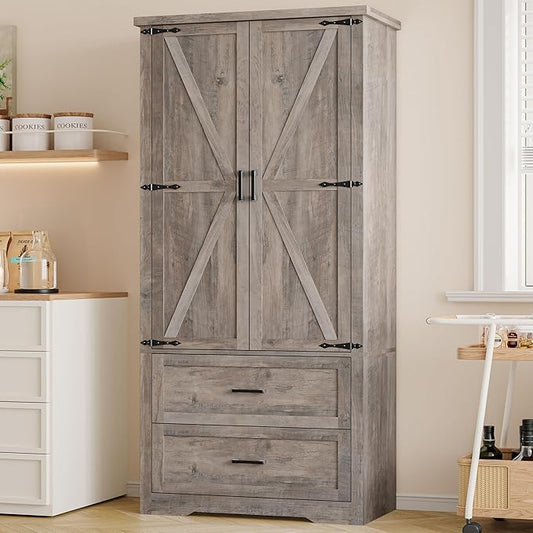 Pantry Organizers and Storage Cabinet, 71” Barn Door White Kitchen Cabinet with Drawers and Adjustable Shelf, Tall Pantry for Kitchen, Dining Room, Living Room. Bathroom and Office