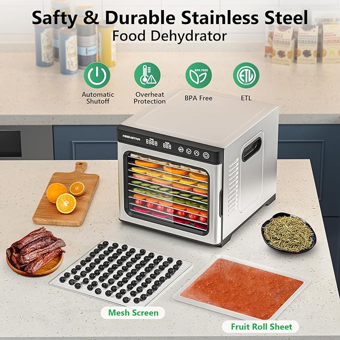 Food Dehydrator Machine, 9 Stainless Steel Trays Jerky Dryer with Digital Adjustable Timer & Temperature Control, 8.7" Drying Space, Dryer Machine for Dog Treats, Herb, Veggies, Meat, Fruit