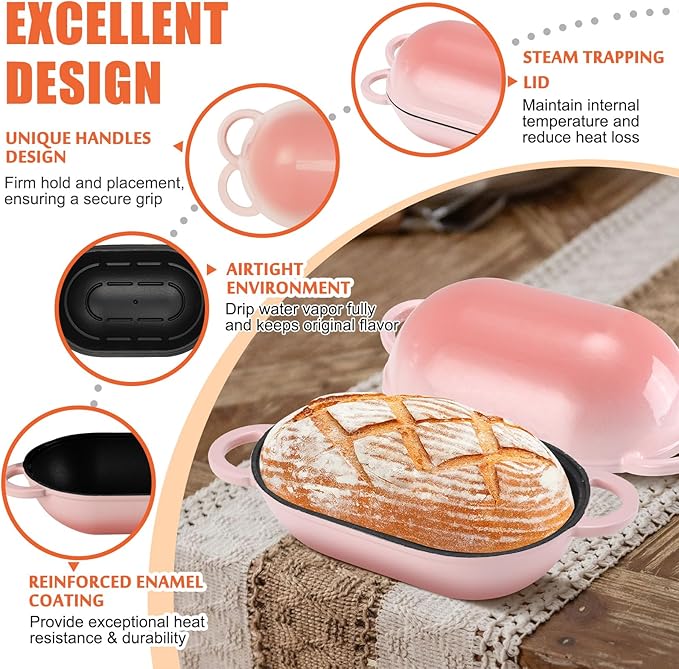 NSIRONS Enameled Cast Iron Sourdough Bread Oven, 5QT Loaf Cast Iron Bread Pan with Lid, Oval Dutch Oven for Homemade Bread Baking (Gradient Pink)
