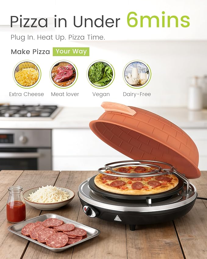 Saenchue Electric Pizza Oven - 12-Inch Indoor Pizza Ovens Countertop - 1200W Pizza Maker Heats up to 800˚F by Ceramic Stone, Temperature Control, Viewing Window, PM-05