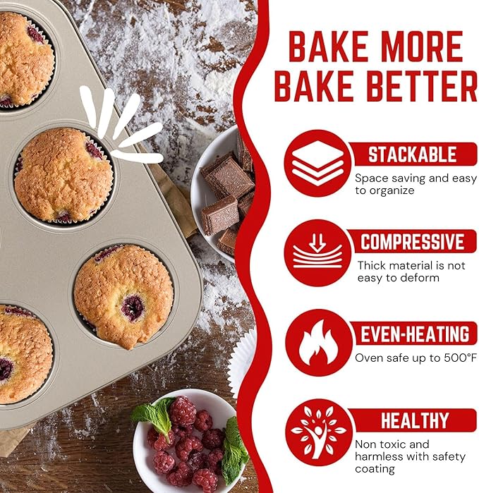 Flexzion Muffin Tray Cupcake Baking Pan 2 Pack, Carbon Steel Muffin Tins Nonstick 6 Cups, Cupcake Tin Bakeware Accessories for Baking Cupcake Muffin Brownies Snack, Fridge Safe, Champagne Gold