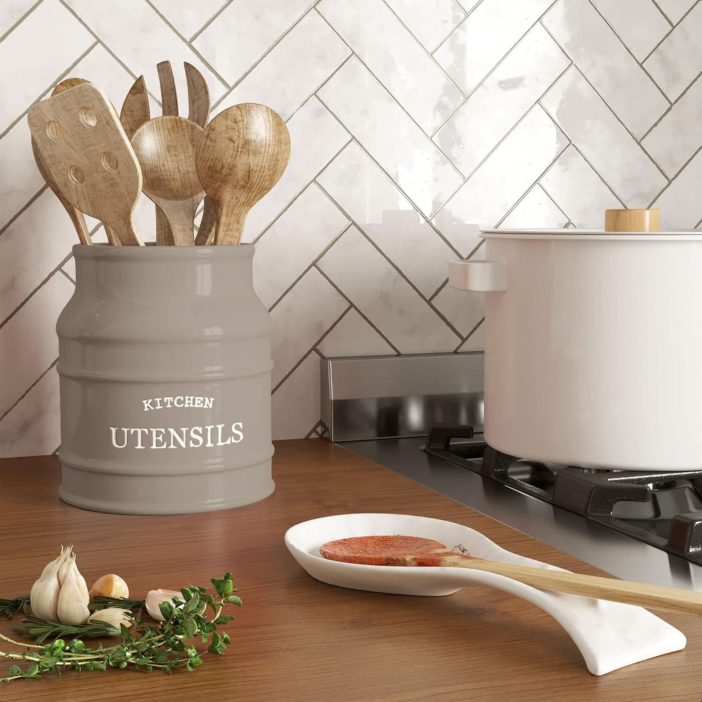 Barnyard Designs Ceramic Farmhouse Utensil Holder for Kitchen Counter, Large Rustic Utensil Crock, Countertop Cooking Tool Spatula Organizer, 6.75” (Taupe)