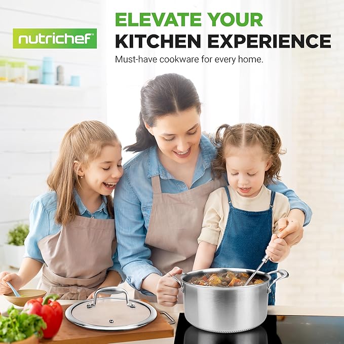 NutriChef 5 QT Stainless Steel Stew Pot - Triply Kitchenware Stew Pot with Glass Lid - DAKIN Etching Non-Stick Coating, Scratch-resistant Raised-up Honeycomb Fire Textured Pattern NC3PCAS