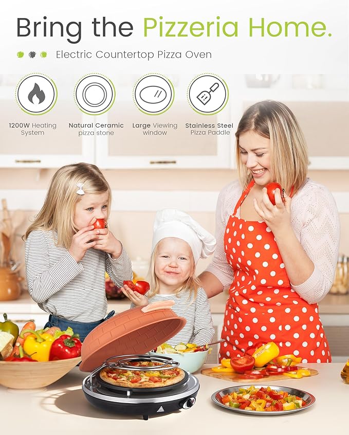 Saenchue Electric Pizza Oven - 12-Inch Indoor Pizza Ovens Countertop - 1200W Pizza Maker Heats up to 800˚F by Ceramic Stone, Temperature Control, Viewing Window, PM-05