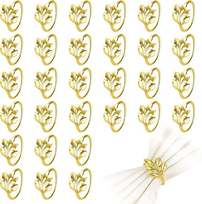 30 Pcs Gold Leaf Napkin Rings Set,Metal Napkin Ring Holders Buckles for Table Decorations, Napkin Holders for Cloth Napkins Adornment for Wedding,Christmas,Dinner, Party (Gold, One Size)