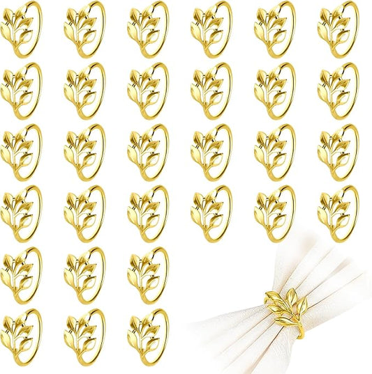30 Pcs Gold Leaf Napkin Rings Set,Metal Napkin Ring Holders Buckles for Table Decorations, Napkin Holders for Cloth Napkins Adornment for Wedding,Christmas,Dinner, Party (Gold, One Size)