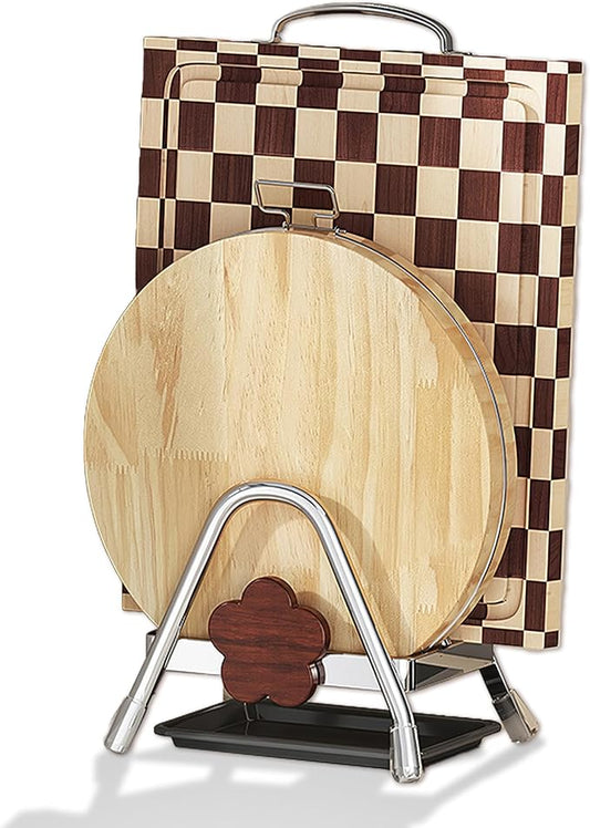 Cutting Board Rack - Double Layer Stainless Steel Chopping Board Pot Lid Holder Stand with Drain Tray, Stable Triangle for Kitchen Countertop Pan Plate Cutting Boards Cooking Mats Cookware