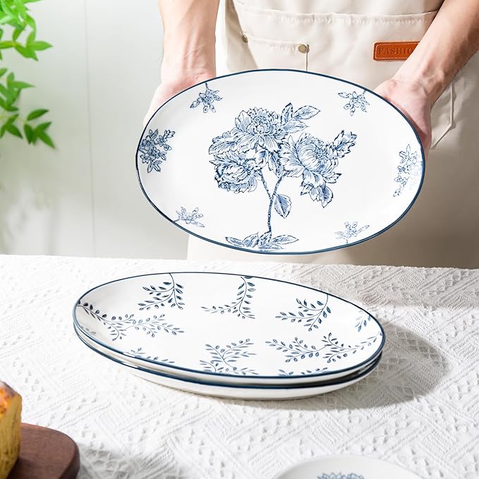 Ceramic Serving Platters, 12 Inch Large Serving Trays, Oval Plates for Dessert Appetizers Meat/Entertaining/Party, Blue and White, Set of 3