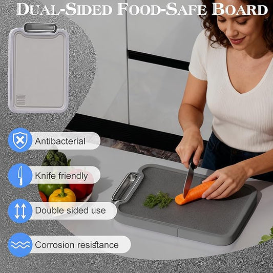 Titanium Cutting Board, 2-in-1 Double Sided Cutting Boards for Kitchen, Pure Titanium & Wheat Straw PP, Metal Chopping Board Easy to Clean for RV/Camping/Kitchen with Avocado Slicer 16"x11"