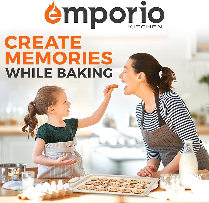 Emporio Kitchen Baking Pan Set - Nonstick Coating, Carbon Steel Bakeware Set with White Silicone Handle, PFOA, PFOS, PTFE Free, Recipe Booklet Included, Oven Safe Tray (Up To 450° F), Set of 8 - White