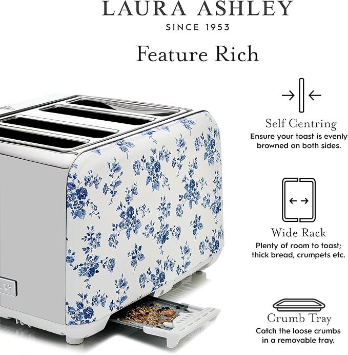 VQ Laura Ashley China Rose Stainless Steel 4 Slice Toaster | Multi-Functional Bagels & Bread Toaster 4 Slice with Adjustable Heating & Defrost Mode | Featuring 4 Wide Slots & Croissant Warming Rack