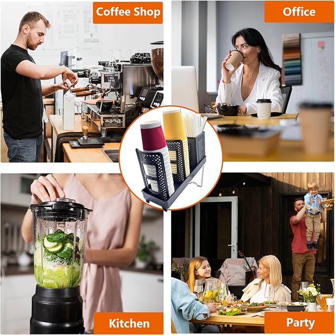Coffee Cup Holder, Paper Cup and Lid Holder Dispenser with Straw Organizer,3-Slot Upright Disposable Plastic Coffee Cup Dispenser for Stations, Kitchens, Bars, Restaurants, Lounges (Black)