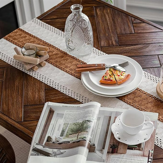 Alynsehom Macrame Table Runner Cream Beige and Caramel Boho Table Runners with Tassels Hand Woven Cotton Table Runner Rustic Farmhouse Table Runners for Bohemian Kitchen Dining Table(12x48in)