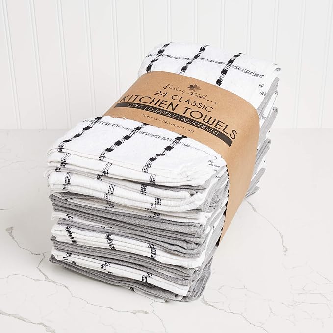 Kitchen Towels - Dish Towels and Dish Cloths - Hand Towel and Dishcloths Sets - 100% Soft Ring Spun Combed Cotton - Great for Cooking in Kitchen or Household Cleaning - Size 15" x 25" (Grey, 24)
