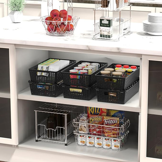 Simple Houseware Stackable Plastic Woven Basket Organizer, 6 Pack, 14.5" x 8.5" x 3.5", Black
