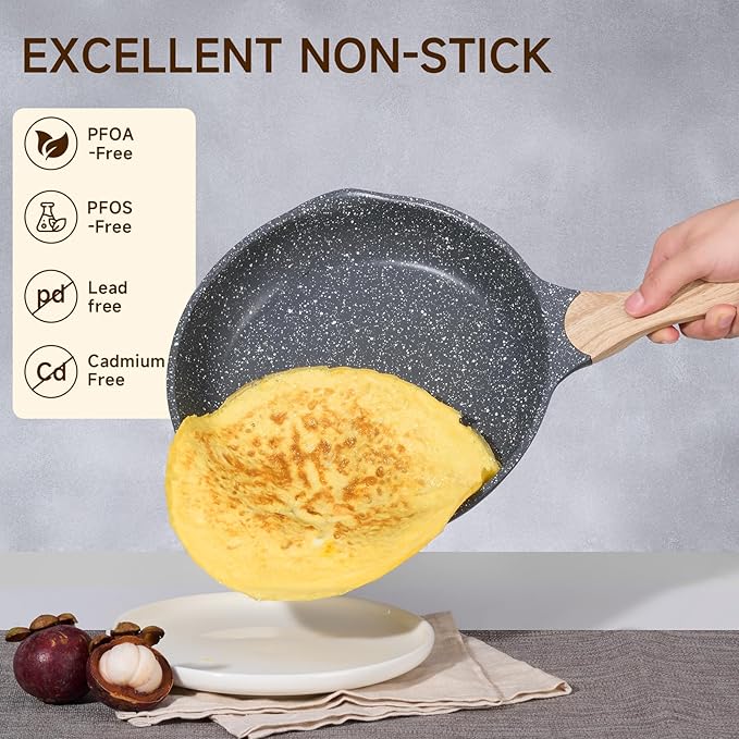 JEETEE 10 Inch Nonstick Frying Pan, Stone Coating Cookware, Nonstick Omelette Pan with Heat-Resistant Handle, Compatible with All Stoves (Grey)