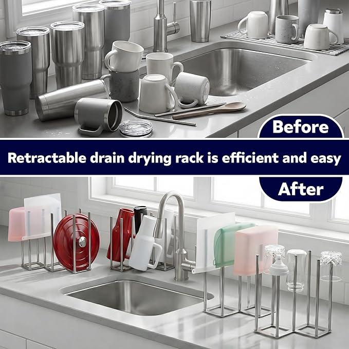 Water Bottle Drying Rack, Cup Drying Rack for Counter, Stainless Steel Tumbler Dryer Stand, Space-Saving Mug & Glass Drying Rack, Heavy-Duty Holder for Cups & Water Bottles (Silver – 7 Pegs)