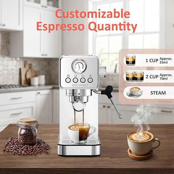 AYCHIRO 20 Bar Espresso Machine, Adjustable Espresso Machine with Milk Frother, Espresso Maker with Removable Water Tank, Compact Size for Home & Office, Cup Warmer for Home Barista