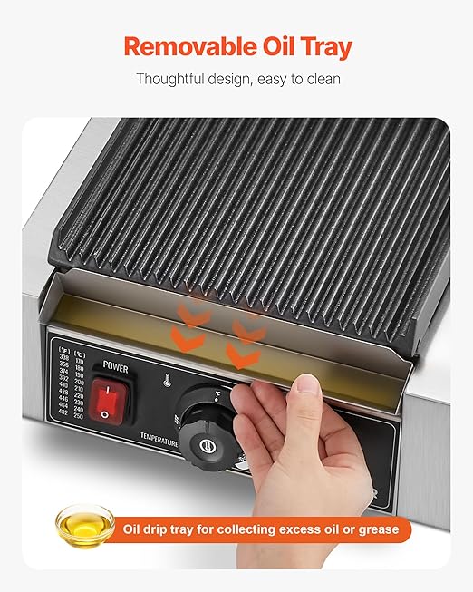 VEVOR Commercial Panini Grill, 1800W Electric Sandwich Panini Maker, Stainless Steel Sandwichs Press Grill with Handle and Temp Control, 8.8x9 in Full Grooved Enamel Plate for Hamburger Steak Bacon