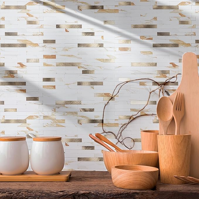 20 Sheets Peel and Stick Backsplash for Kitchen, 2026 Upgraded Calacatta Gold with Metal Glod Look Stick on Tile Upgrade Your Kitchen Backsplash, RV, Fireplace