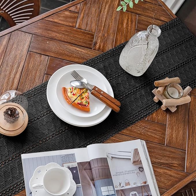 Alynsehom Macrame Table Runner Pure Black Boho Table Runners with Tassels Hand Woven Cotton Table Runner Rustic Farmhouse Table Runners for Bohemian Kitchen Dining Table(12x60in)