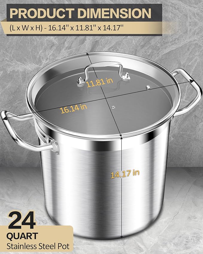 STOCKPOT Stainless Steel Stock Pot with Lid – 24 Quart (6 Gallon) Heavy-Duty Cooking Pot for Soup, Stew, Pasta – Commercial & Home Use, Easy to Clean
