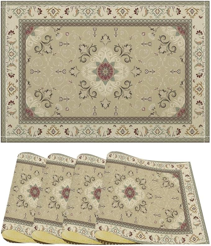 Persian Carpet Design Placemats Set of 4 Retro Tribal Texture Floral Art Printed Dining Table Mats for Restaurant Home Kitchen Holiday Picnic Party Decor 12x18in