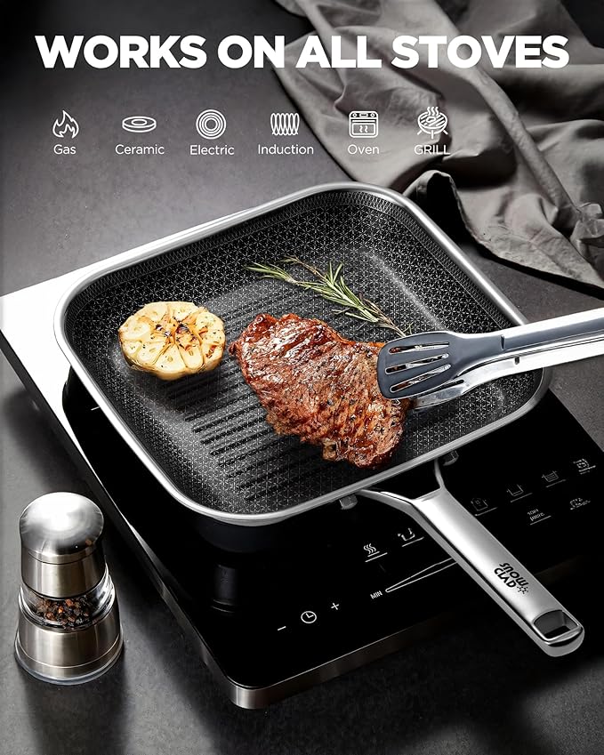 SNOWCLAD Nonstick Grill Pan,12 Inch Square Steak Grilling Pan for Indoor Cooking & Outdoor Grilling, Non Stick Stainless Steel Grill Skillet Steak Pan, PFOA Free cookware