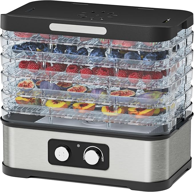 Food Dehydrator Machine for Jerky, 5 Stackable BPA-Free Trays with Temperature Control, 250W Small Dehydrator for Fruit, Beef and Deer Jerky, Mushroom, Herbs, Recipe Included, 72H Max