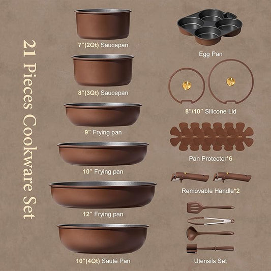 CAROTE 21pcs Pots and Pans Set, Nonstick Cookware Set Detachable Handle, Induction Kitchen Cookware Sets Non Stick with Removable Handle, RV Cookware Set, Oven Safe, Brown