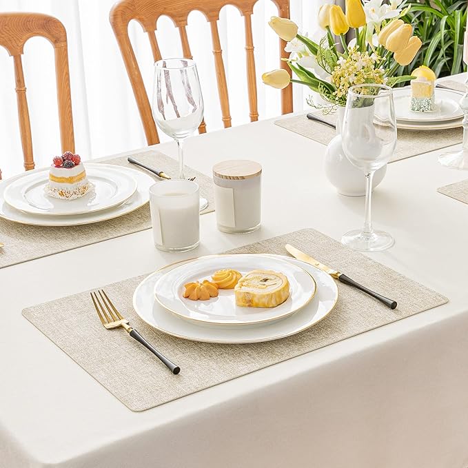 Romanstile Vinyl Placemats Set of 6-12 X 17 Inch - Heat Resistant Place Mats 100% Waterproof Oilproof Wipeable Reversible Faux Leather Table Mats for Kitchen, Dining, Party, Outdoor, Beige
