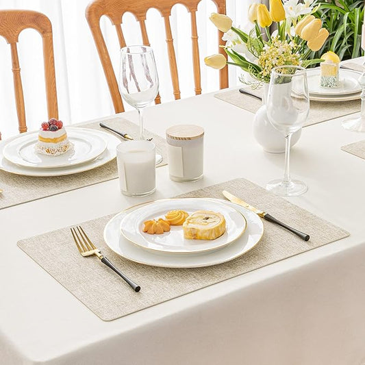 Romanstile Vinyl Placemats Set of 6-12 X 17 Inch - Heat Resistant Place Mats 100% Waterproof Oilproof Wipeable Reversible Faux Leather Table Mats for Kitchen, Dining, Party, Outdoor, Beige