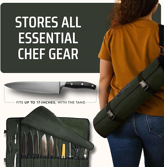 Asaya Canvas Chef Knife Roll Bag - 10 Knife Slots and a Large Zipper Pocket - Durable 10oz Canvas Knife Case with an Adjustable Shoulder Strap - Knives not Included (Forest Green)
