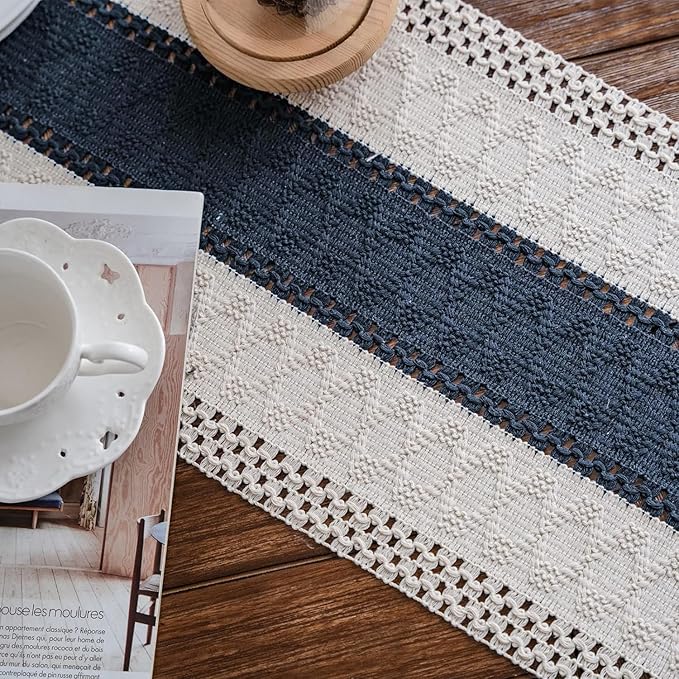 Alynsehom Macrame Table Runner Cream Beige and Blue Boho Table Runners with Tassels Hand Woven Cotton Table Runner Rustic Farmhouse Table Runners for Bohemian Kitchen Dining Table(12x48in)