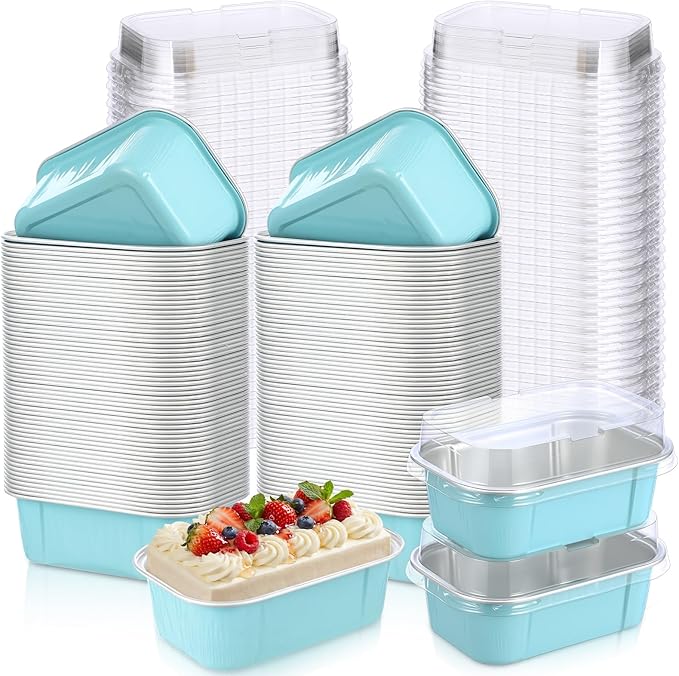 Vesici 100 Sets Mini Loaf Pans with Lids, 5.7 oz Disposable Aluminum Foil Baking Cups, Rectangle Cake Pans for Pudding Desserts Muffin Baking Storage Valentines Wedding Birthday Party(Powder Blue)