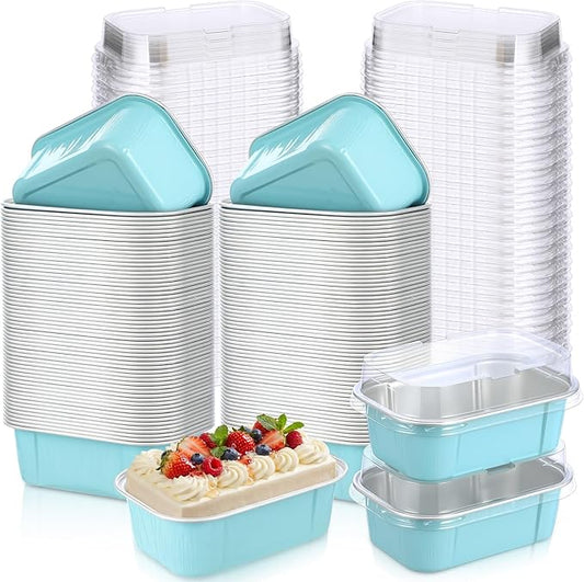 Vesici 100 Sets Mini Loaf Pans with Lids, 5.7 oz Disposable Aluminum Foil Baking Cups, Rectangle Cake Pans for Pudding Desserts Muffin Baking Storage Valentines Wedding Birthday Party(Powder Blue)