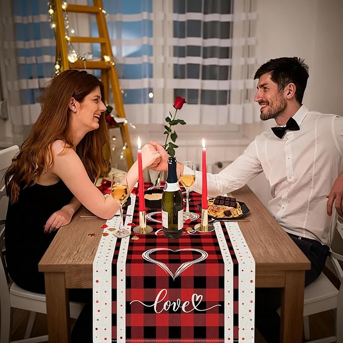 Valentines Day Table Runner 13x60 Inch, Buffalo Plaid Love Hearts Valentine Table Runner, Anniversary Home Kitchen Dining Table Holiday Party Decorations