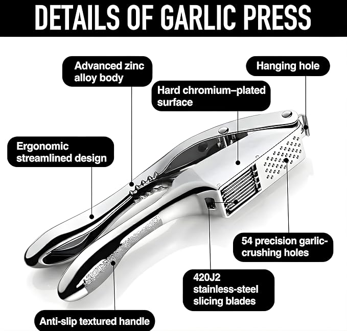 Premium 3-in1Heavy Duty Garlic Press –Stainless Steel Garlic Crusher & Ginger Mincer with Cleaning Tool | Rust-Proof, Easy-Squeeze Ergonomic Handles, Dishwasher Safe, Professional Kitchen Tool