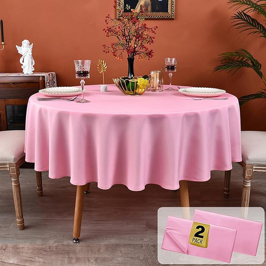 MEANMOY 2 Pack Pink 210 GSM Water & Stain Resistant Round Tablecloth - Solid 70 Inch Circle Table Cloth Cover in Wrinkle Free Washable Wipe Clean Polyester for Wedding, Party, Banquet (2 Pcs)