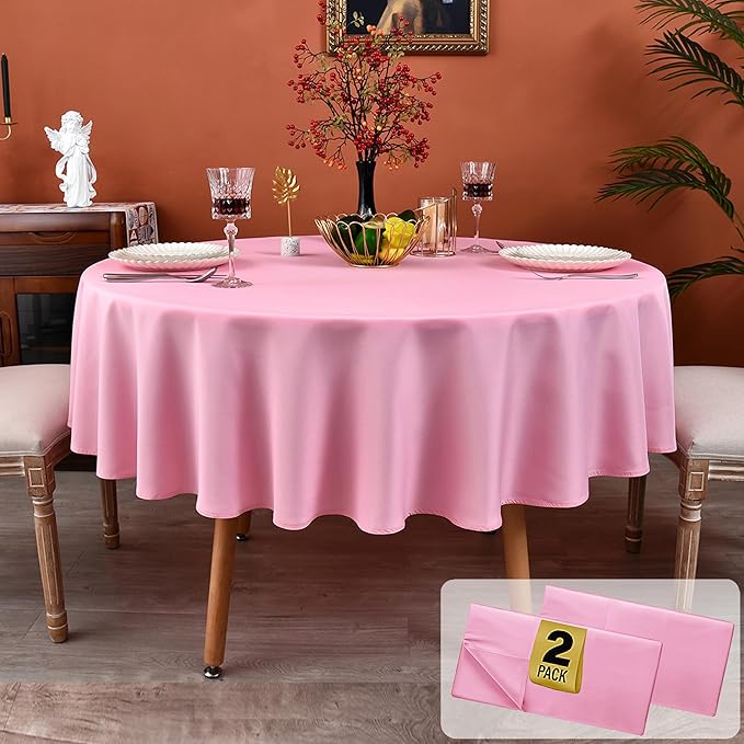 MEANMOY 2 Pack Pink 210 GSM Water & Stain Resistant Round Tablecloth - Solid 60 Inch Circle Table Cloth Cover in Wrinkle Free Washable Wipe Clean Polyester for Wedding, Party, Banquet (2 Pcs)