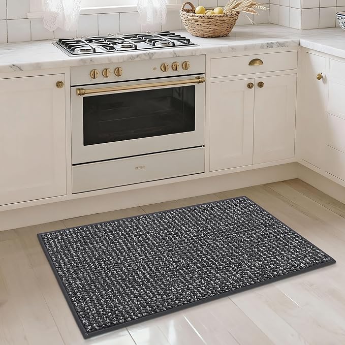 JSEI Kitchen Rugs, 17''x30'' Non-Slip Kitchen Mats for Floor, Machine Washable Absorbent and Stain Resistant Kitchen Runner, Carpet Mats with TPR Backing for Kitchen, Charcoal