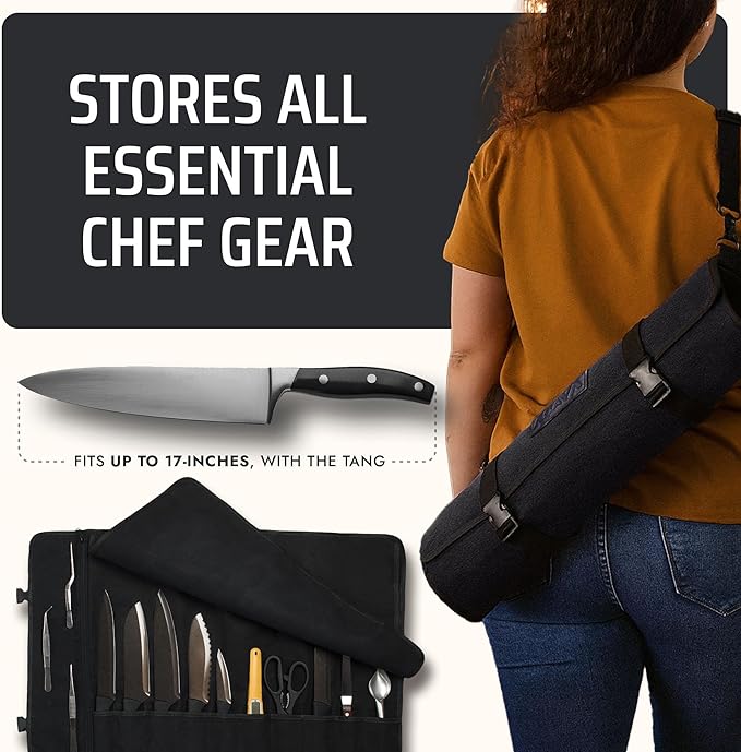 Asaya Canvas Chef Knife Roll Bag - 10 Knife Slots and a Large Zipper Pocket - Durable 10oz Canvas Knife Case with an Adjustable Shoulder Strap - Knives not Included