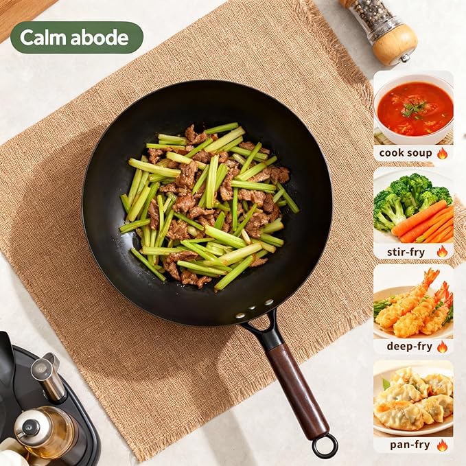 Calmabode Uncoated Carbon Steel Wok with Wooden Handle (12 Inch) - Traditional Chinese Stir Fry Pan for High Heat Cooking, Non-Toxic, Easy Cleanup, Induction & Stovetop Compatible with Hanging Loop