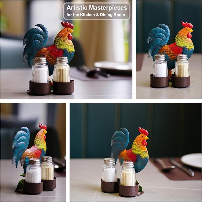 Rooster Salt and Pepper Shakers Set - Two Glass Shakers With Lids, Vintage Metal Rooster Holder Caddy For Spices And Seasonings, For Kitchen, Dining Or Table Decor (rooster)